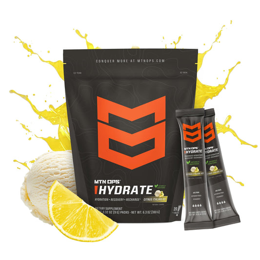 MTN OPS Hydrate powder dissolving in water for fast electrolyte replenishment.