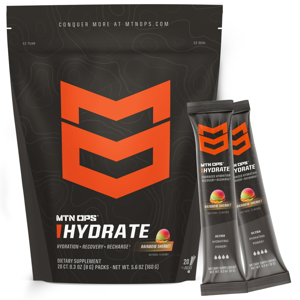 MTN OPS Hydrate rainbow sherbet packs for on-the-go hydration.