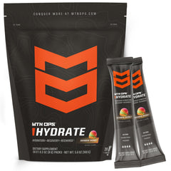 MTN OPS Hydrate rainbow sherbet packs for on-the-go hydration.