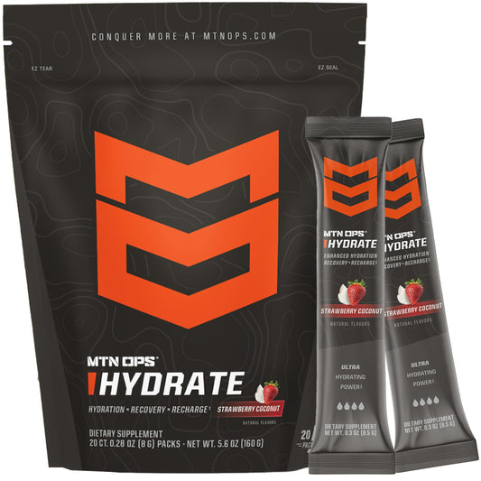 MTN OPS Hydrate single-serve pack for on-the-go hydration during workouts.