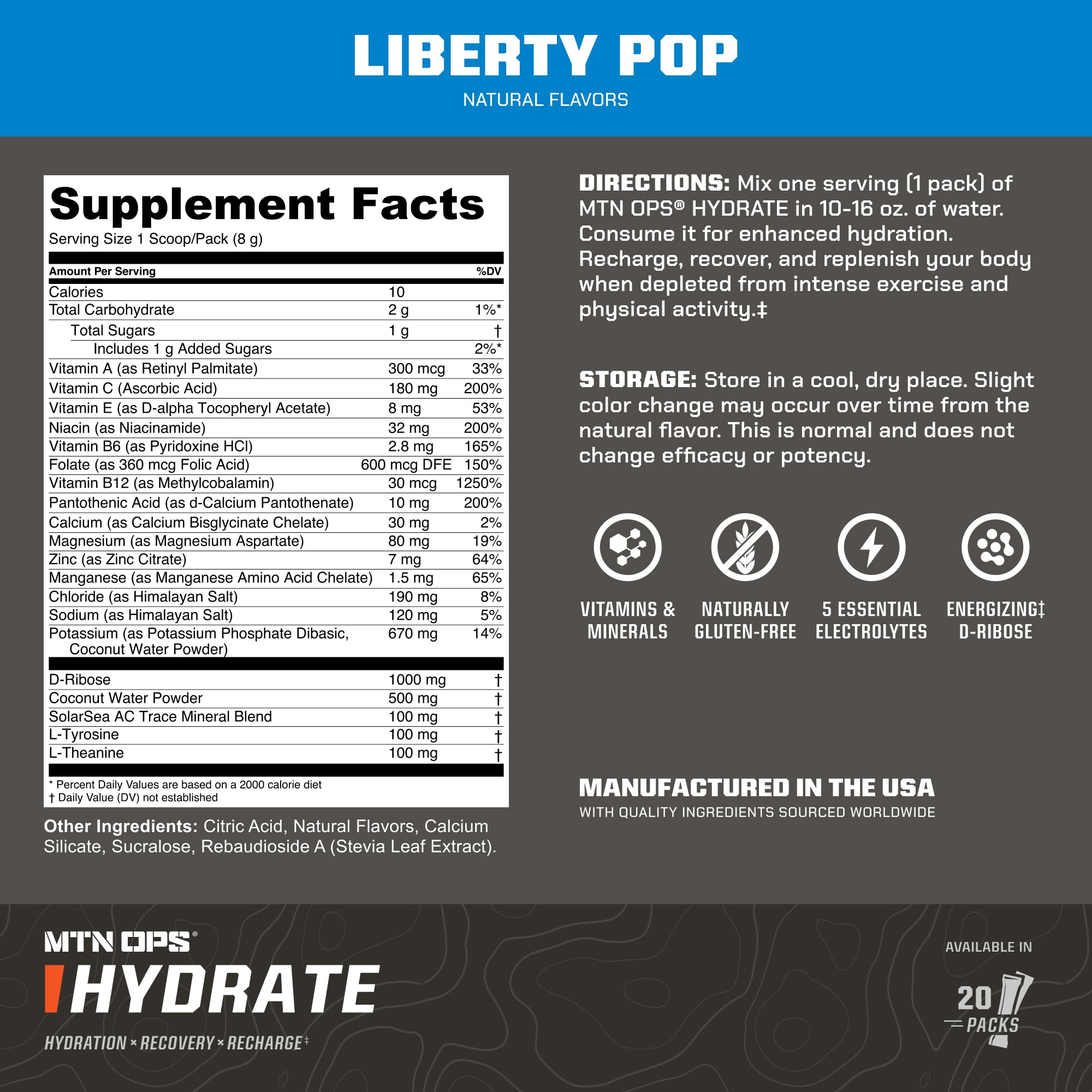 MTN OPS Hydrate water bottle with powder mix for quick hydration.