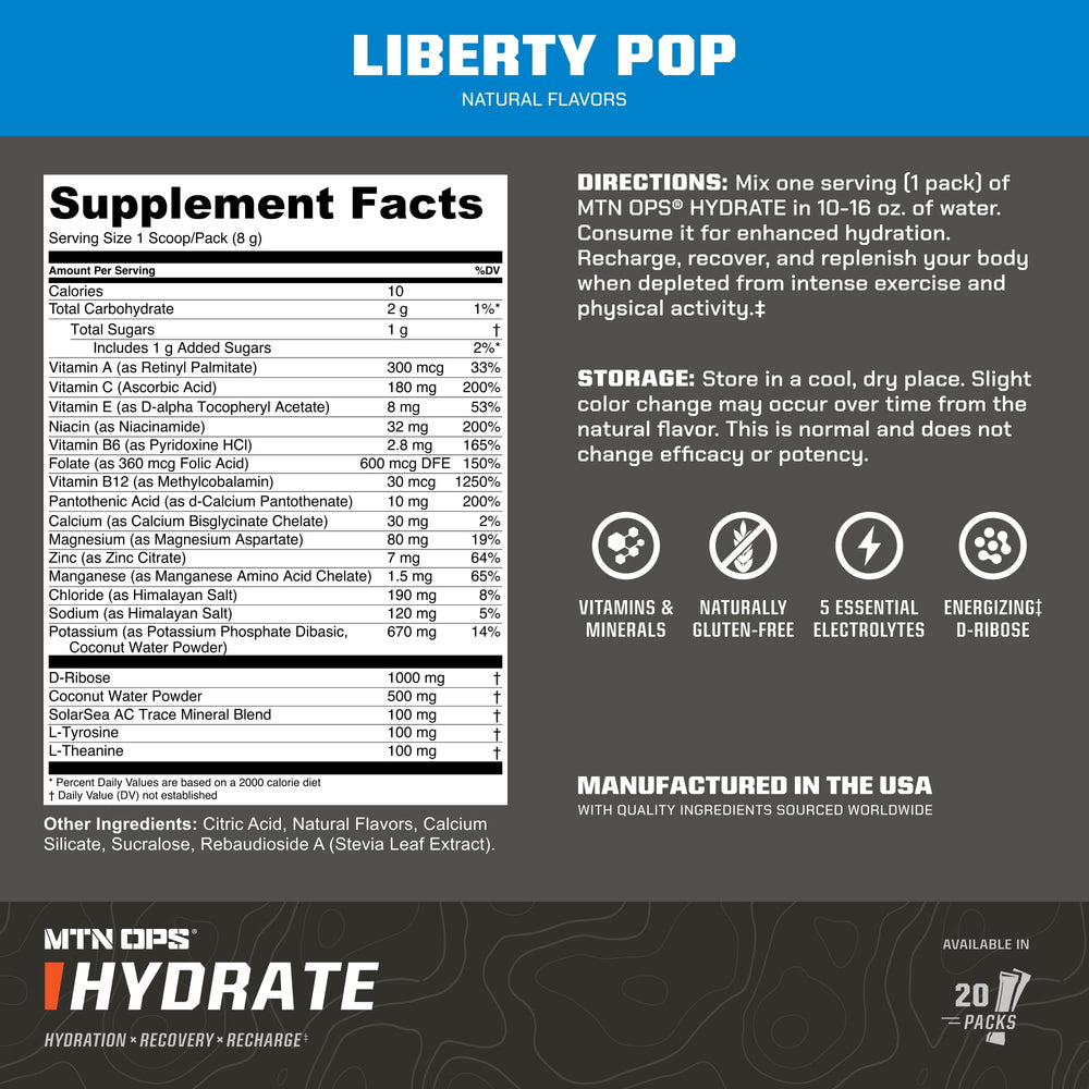 MTN OPS Hydrate water bottle with powder mix for quick hydration.