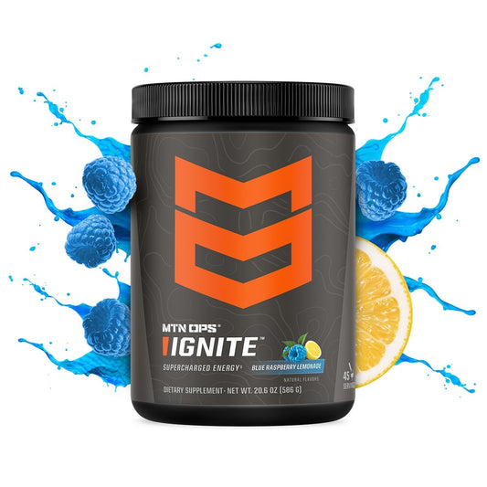 MTN OPS Ignite blue raspberry lemonade in a glass highlighting refreshing flavor and hydration