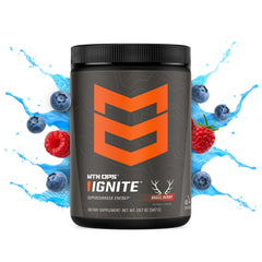 MTN OPS Ignite bugle berry powder with scoop for a refreshing workout drink