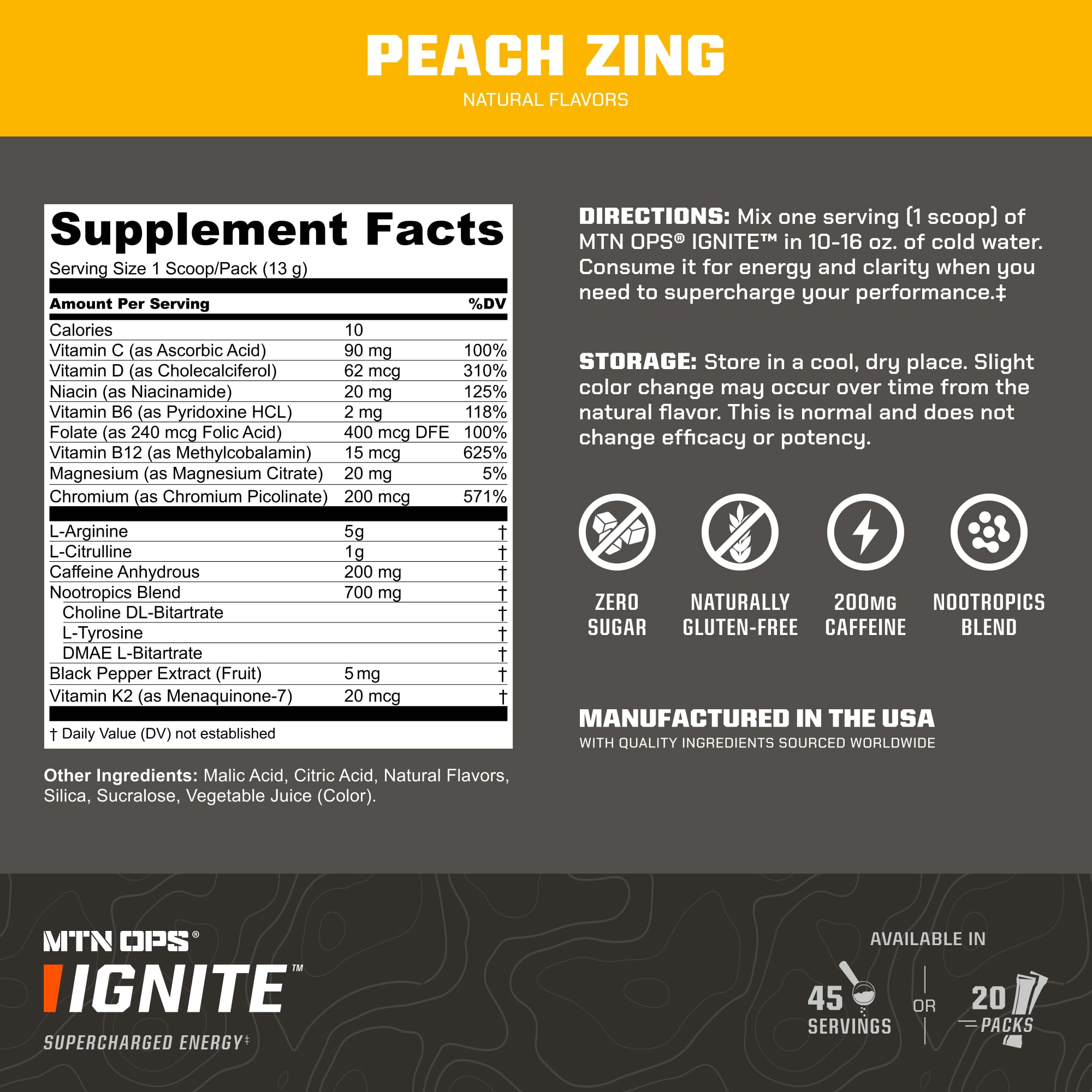 MTN OPS Ignite caffeine blend image highlighting 200 mg energy boost