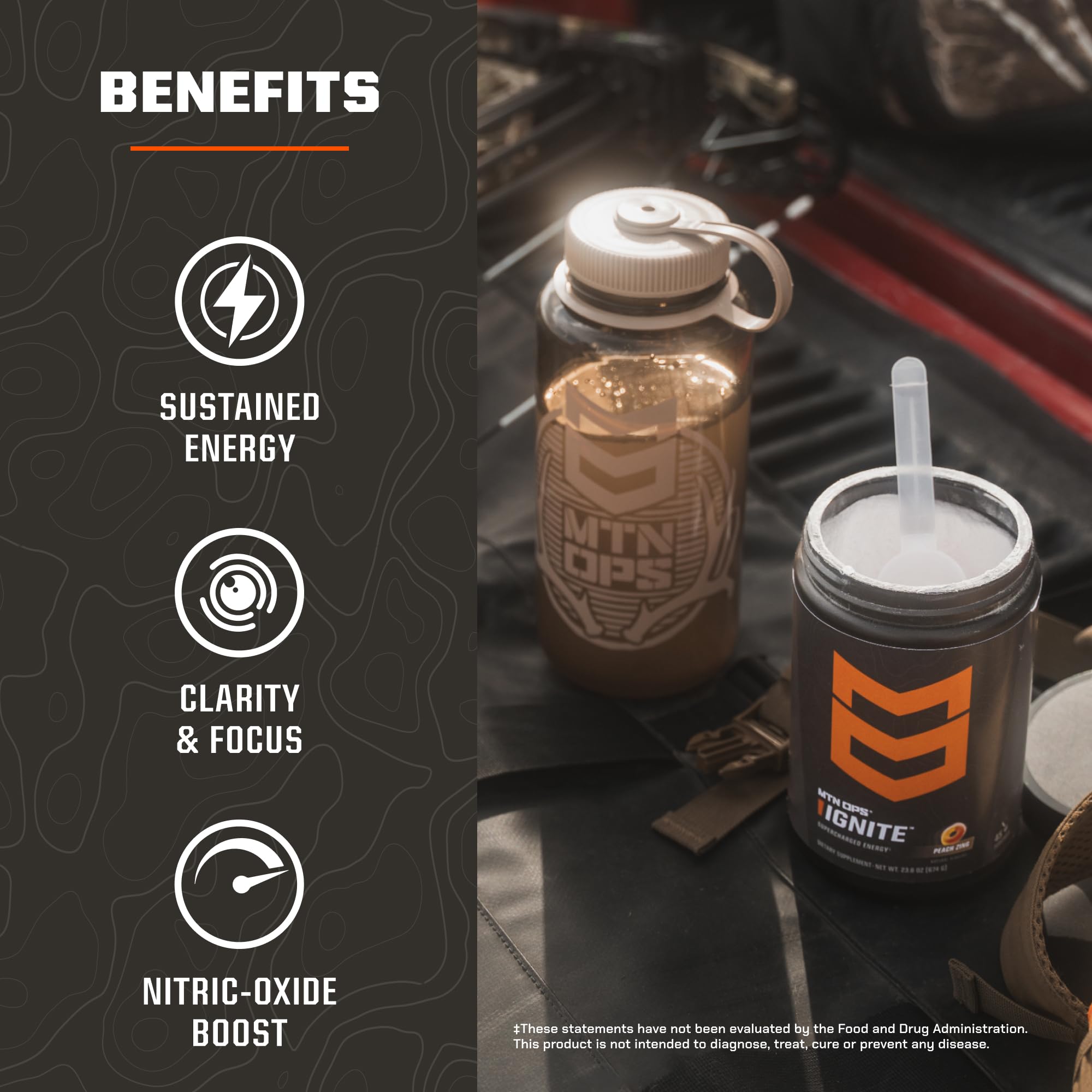 MTN OPS Ignite caffeine blend package illustrating fast alertness and sustained endurance
