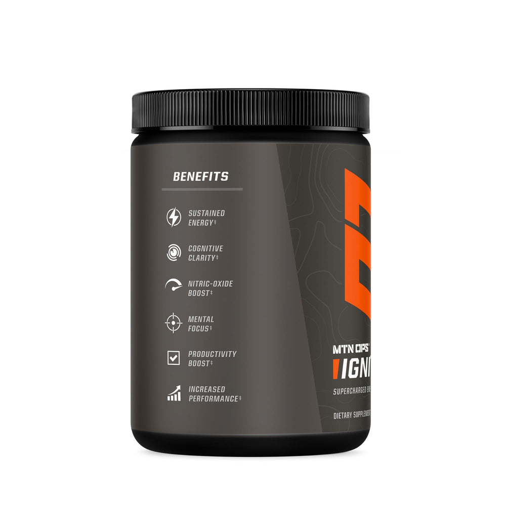 MTN OPS Ignite bottle on table emphasizing gluten-free formulation