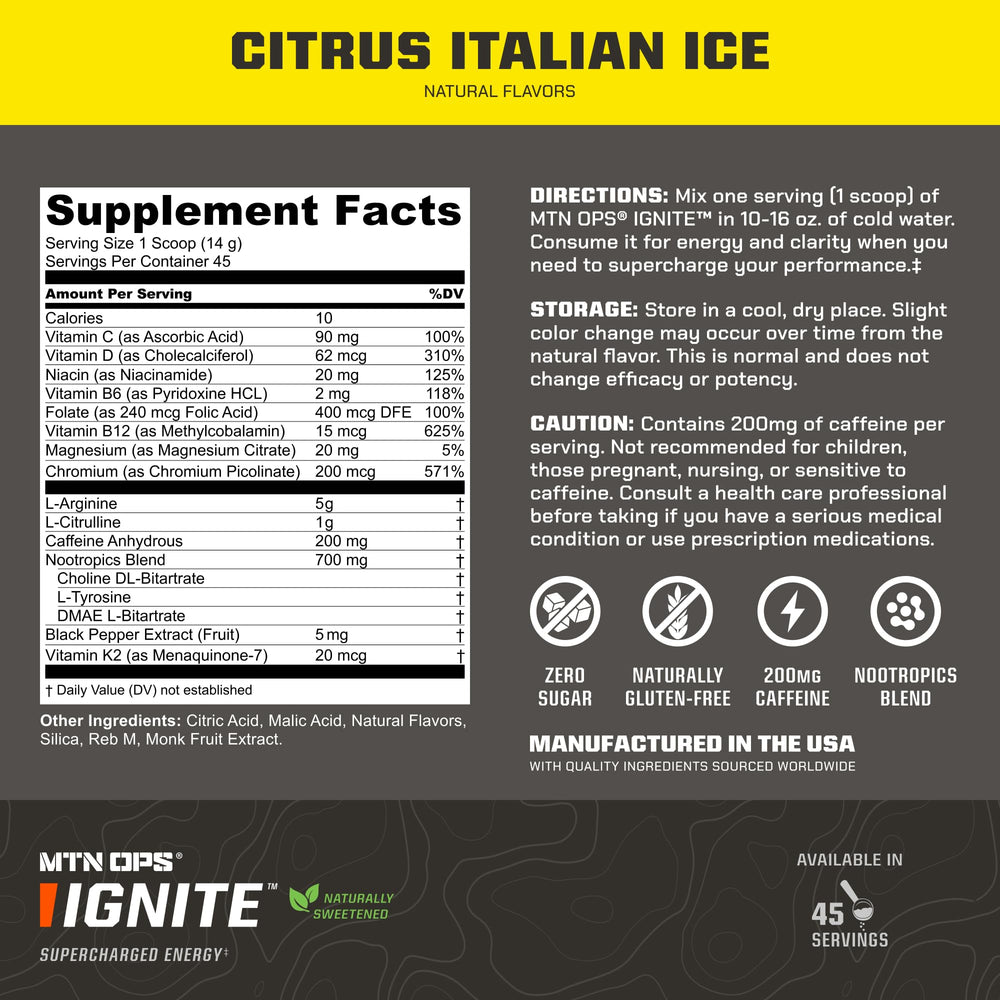 MTN OPS Ignite glass with Citrus Italian Ice to illustrate refreshing flavor and focus
