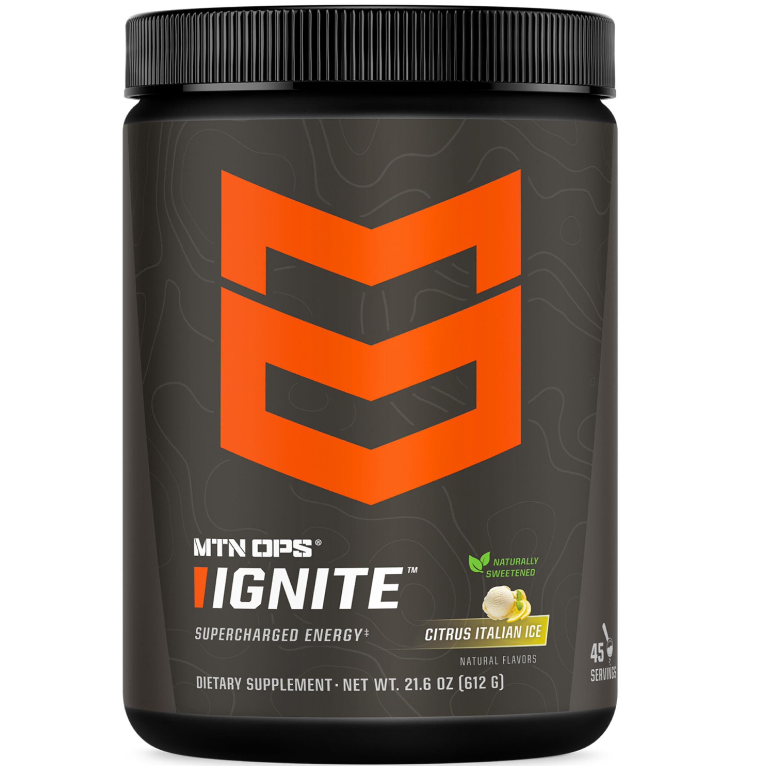 MTN OPS Ignite energy powder bottle showing monk fruit sweetness and clean energy for daily routines
