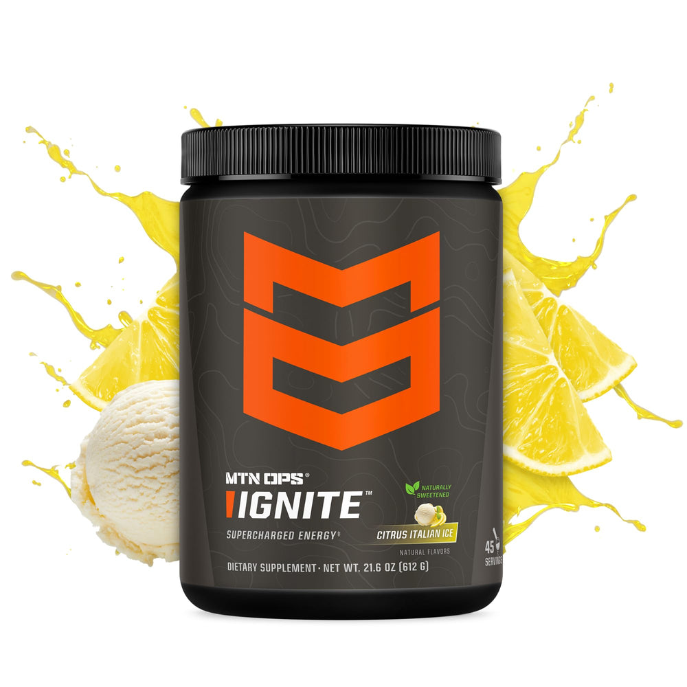 MTN OPS Ignite powder scoop beside glass for easy mixing Citrus Italian Ice
