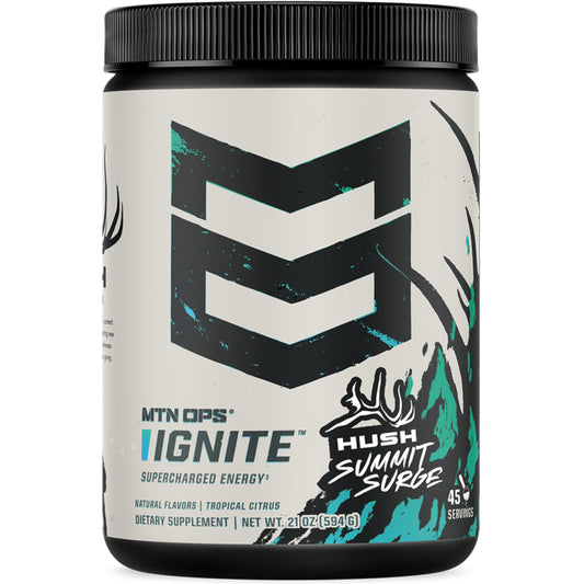 MTN OPS Ignite energy drink powder tub showing gluten-free focus and stamina benefits