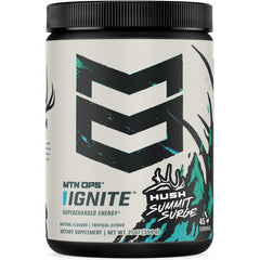 MTN OPS Ignite energy drink powder tub showing gluten-free focus and stamina benefits