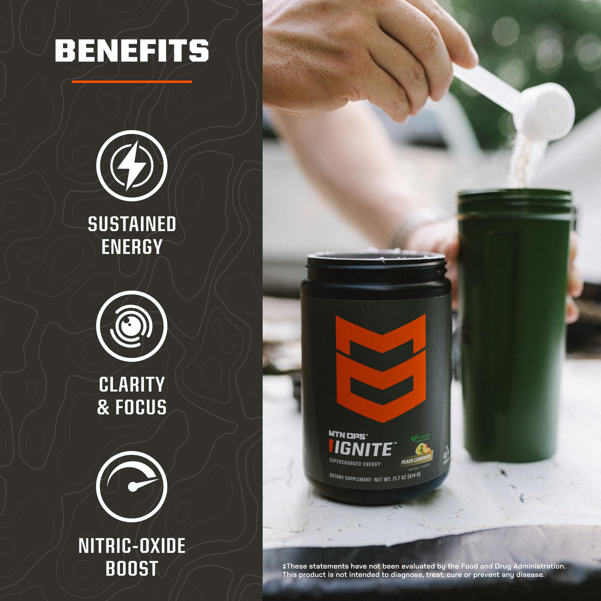 Close-up of MTN OPS Ignite label highlighting monk fruit sweetness.