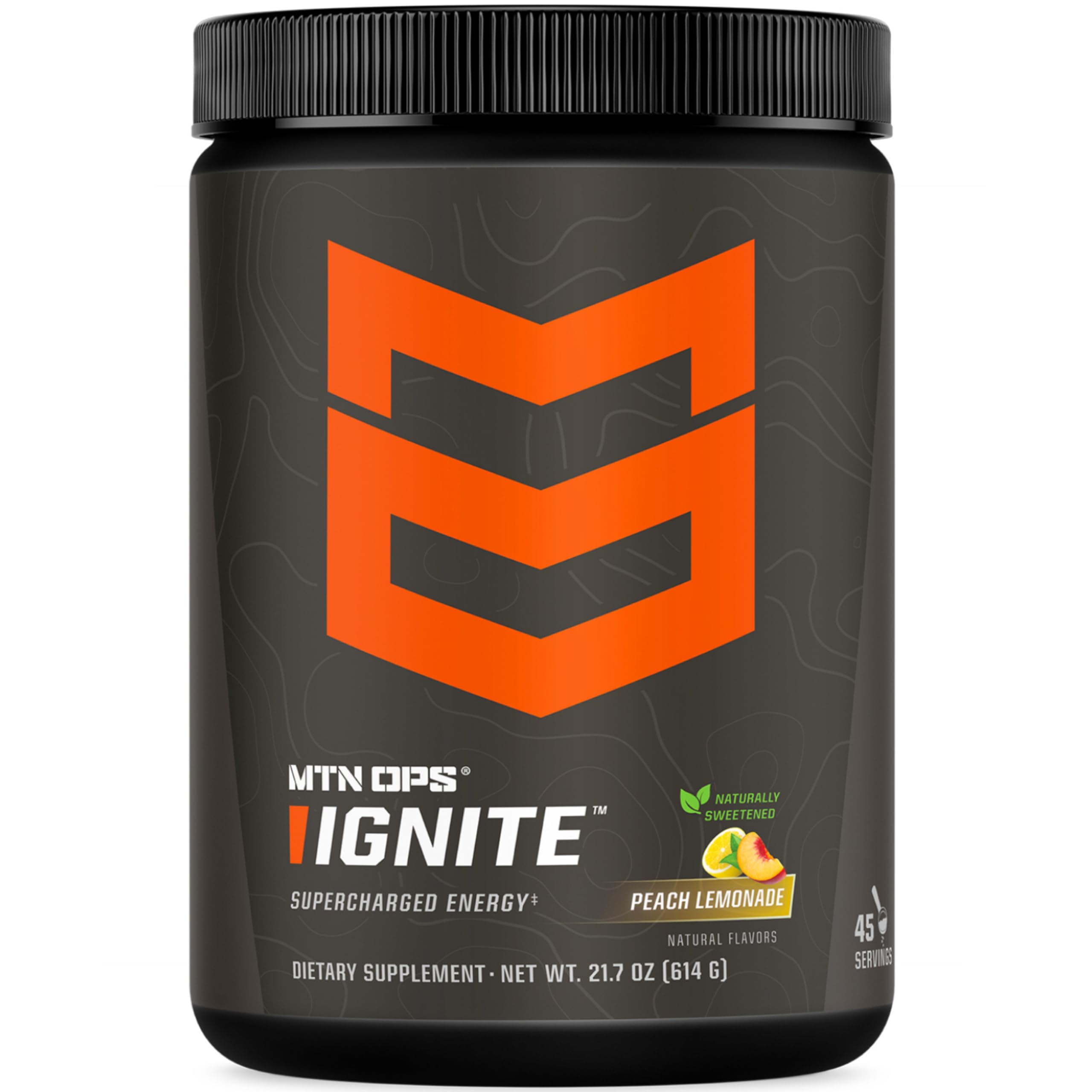 MTN OPS Ignite energy powder tub in Peach Lemonade for clean energy and focus.