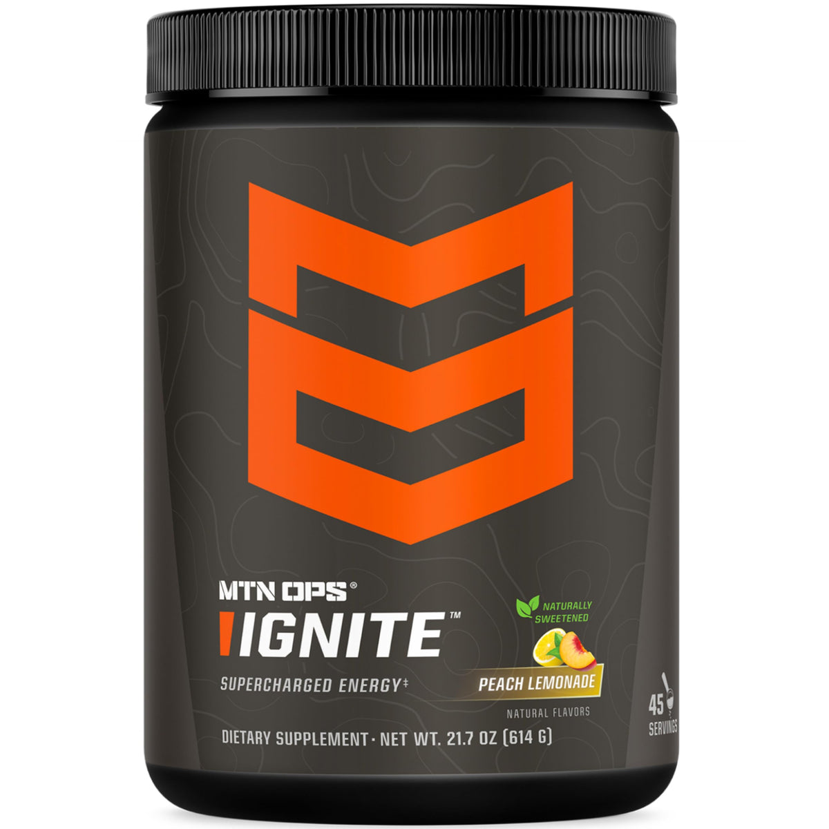 MTN OPS Ignite energy powder tub in Peach Lemonade for clean energy and focus.