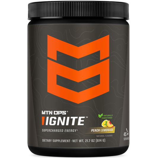 MTN OPS Ignite energy powder tub in Peach Lemonade for clean energy and focus.