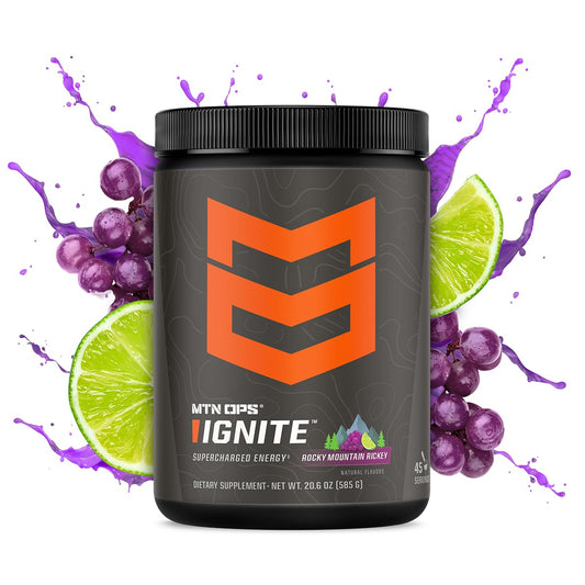 MTN OPS Ignite powder pouring into glass for a clean gluten-free energy boost