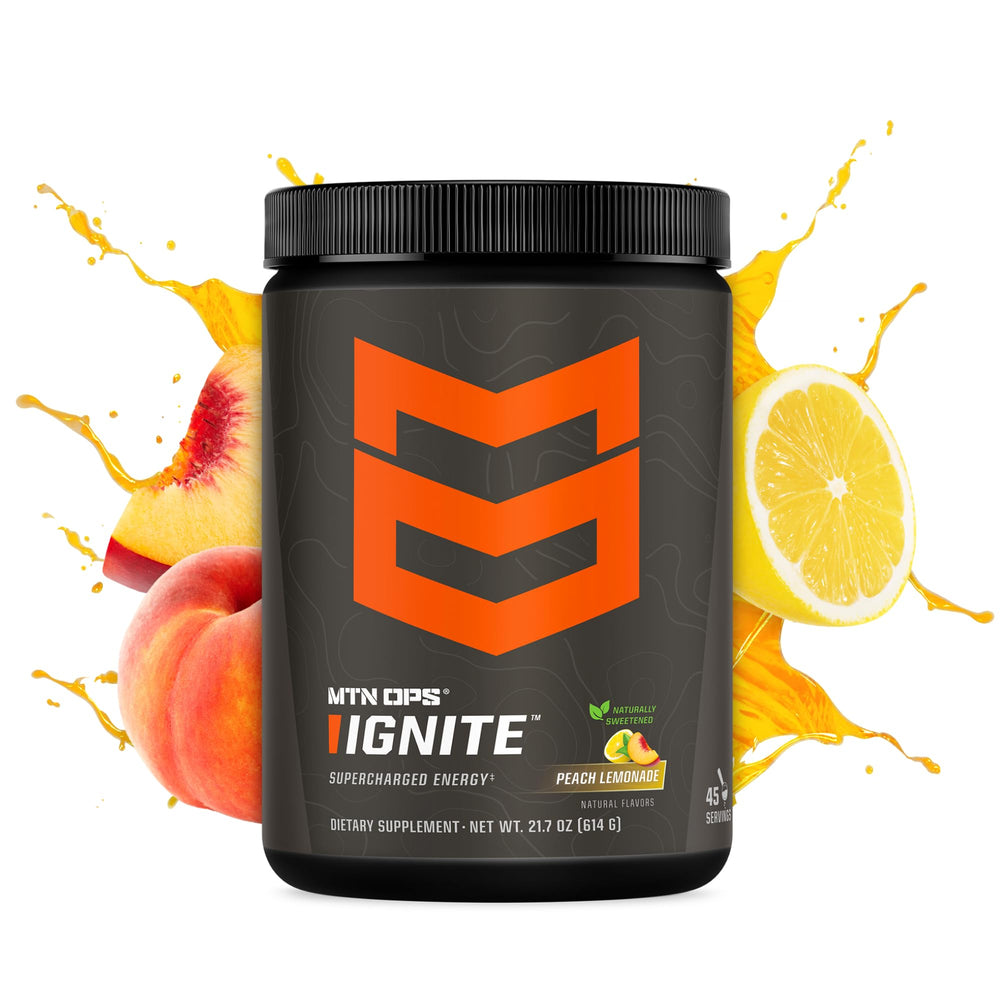 MTN OPS Ignite with scoop and glass showing quick, easy mix for workouts.