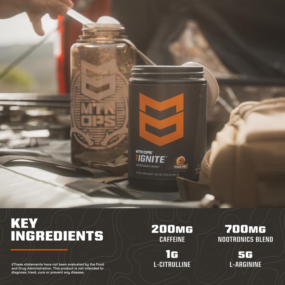 MTN OPS Ignite packaging highlights gluten-free formula and nootropic blend.