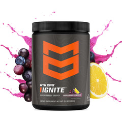 MTN OPS Ignite serving glass shows huckleberry lemonade flavor for fueling.