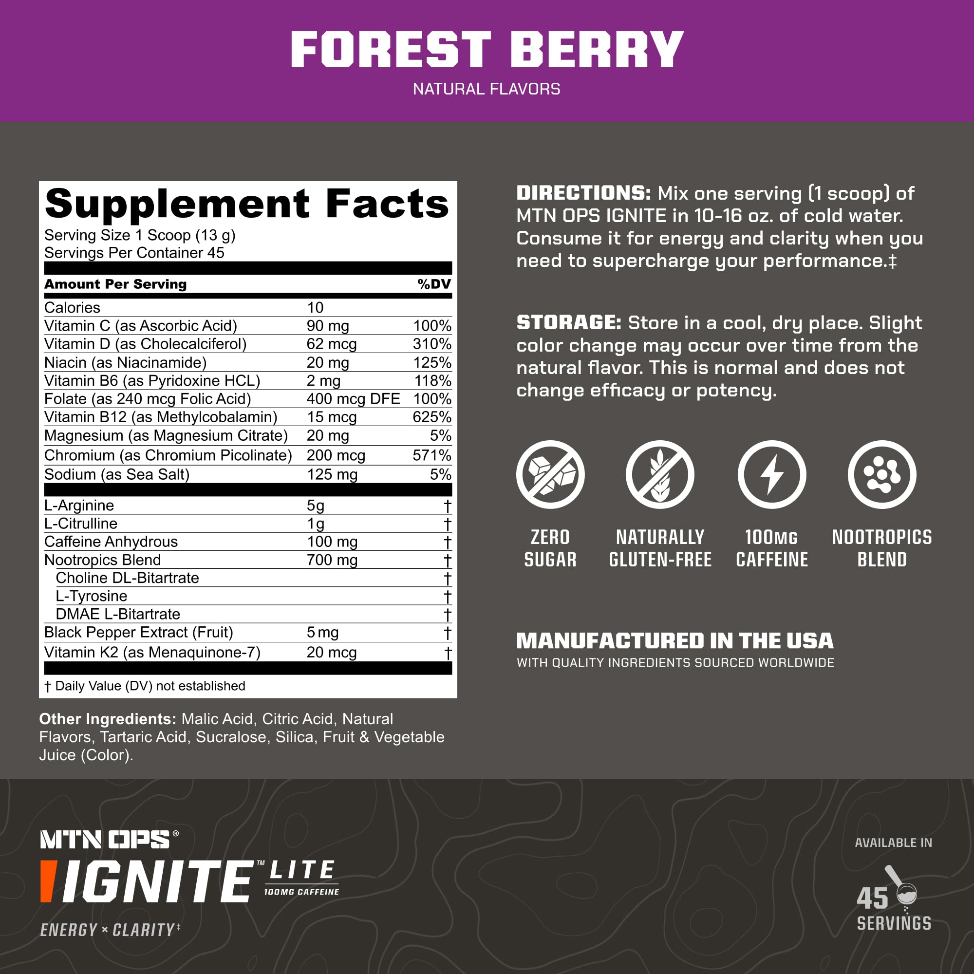 MTN OPS Ignite Lite 100 mg caffeine for a midday energy lift.