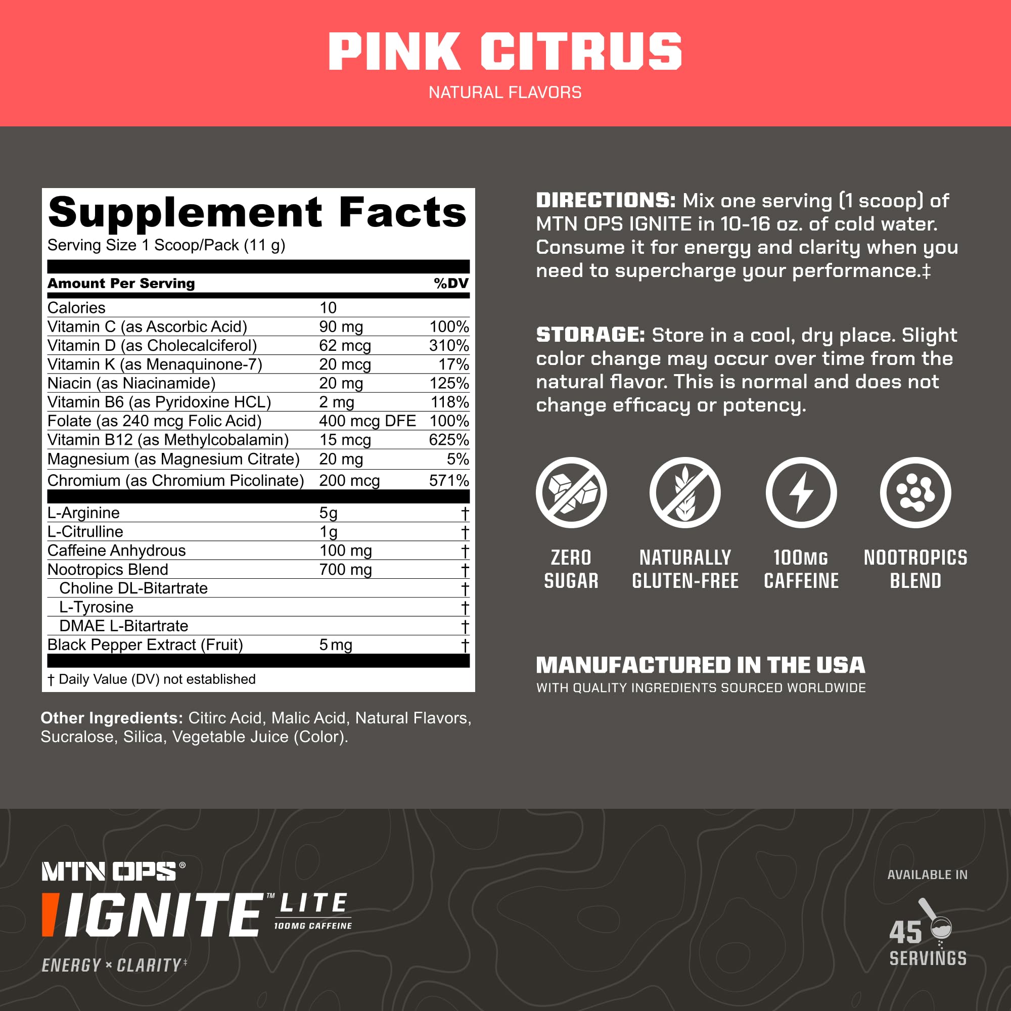 Glass of MTN OPS Ignite Lite pink citrus drink with vibrant color and flavor appeal.