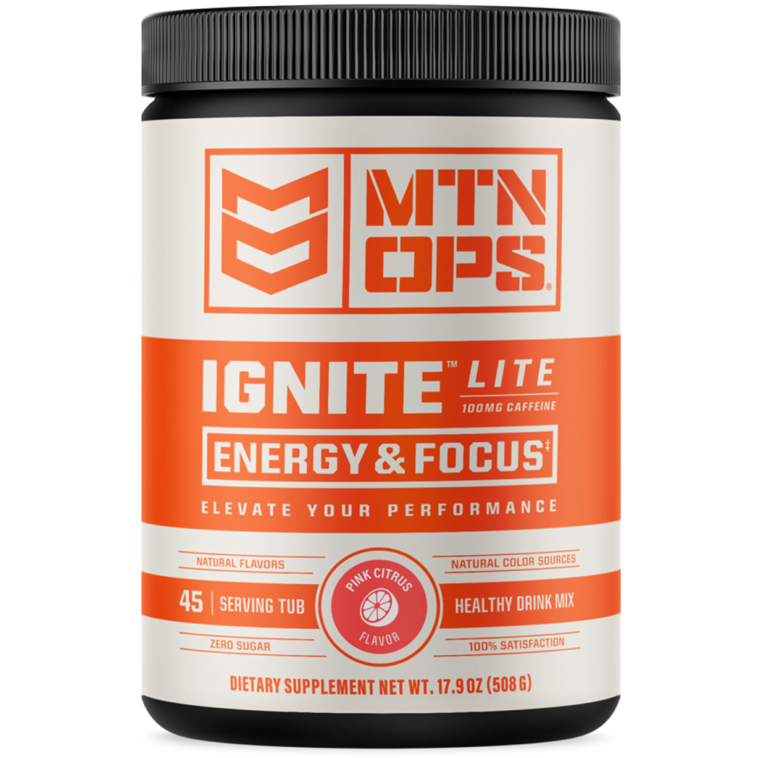 MTN OPS Ignite Lite pink citrus tub close-up showing gluten-free and zero sugar benefits.