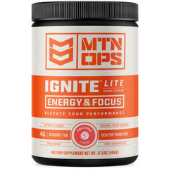 MTN OPS Ignite Lite pink citrus tub close-up showing gluten-free and zero sugar benefits.