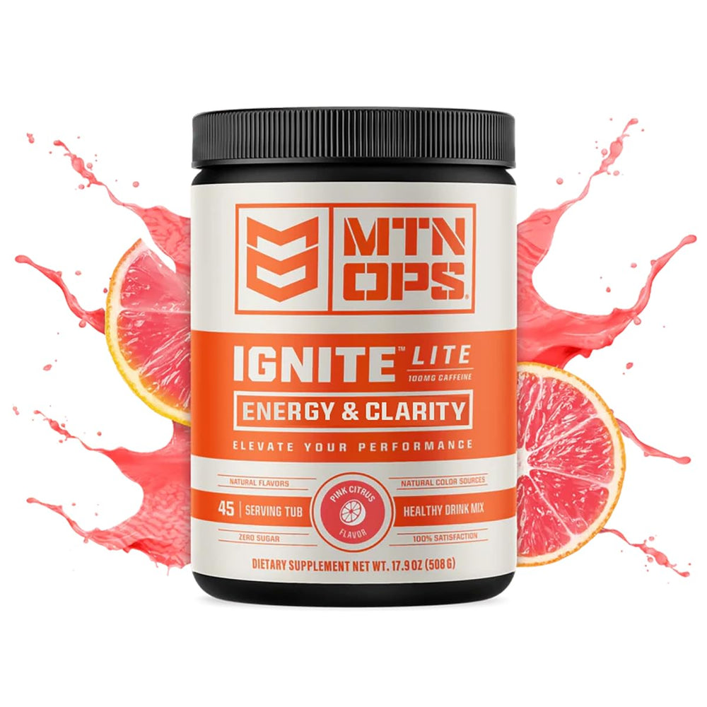 Scoop pouring MTN OPS Ignite Lite into water for a refreshing pre-workout boost.