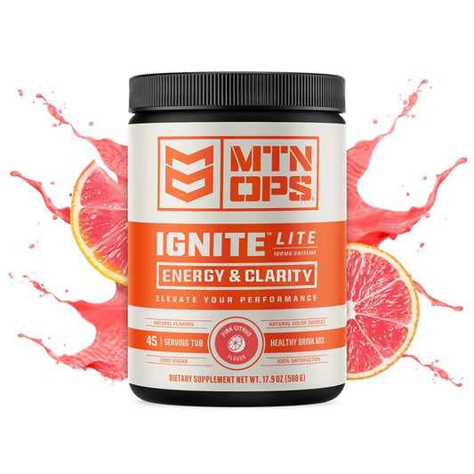 Scoop pouring MTN OPS Ignite Lite into water for a refreshing pre-workout boost.