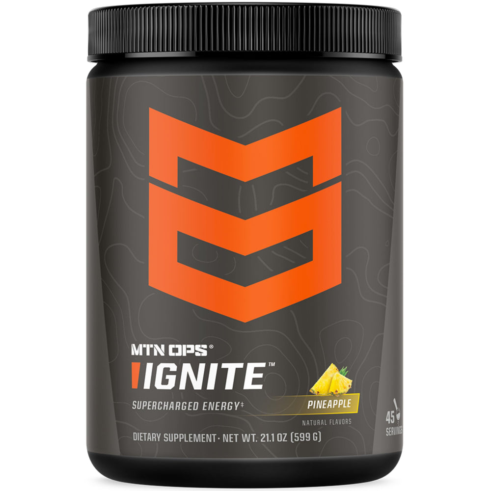 MTN OPS Ignite Pineapple Crush packet dissolving for a refreshing energy boost