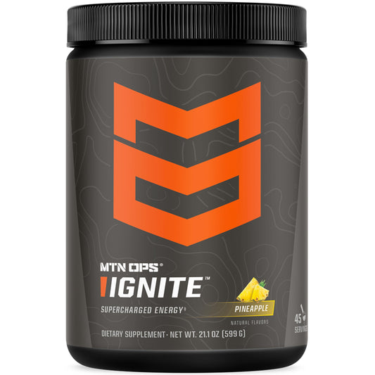 MTN OPS Ignite Pineapple Crush packet dissolving for a refreshing energy boost