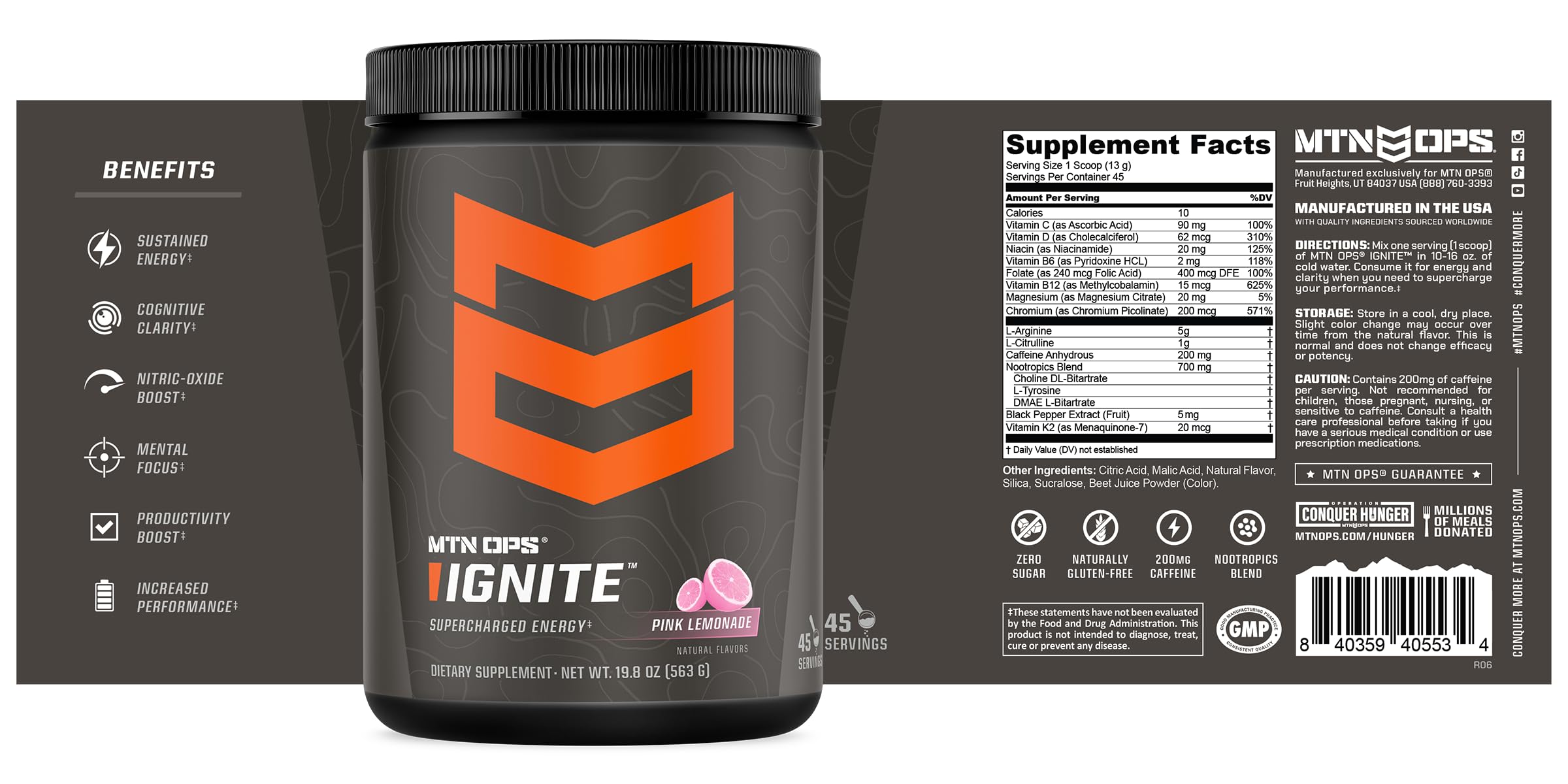 MTN OPS Ignite pink lemonade mixed in water for daytime energy and focus