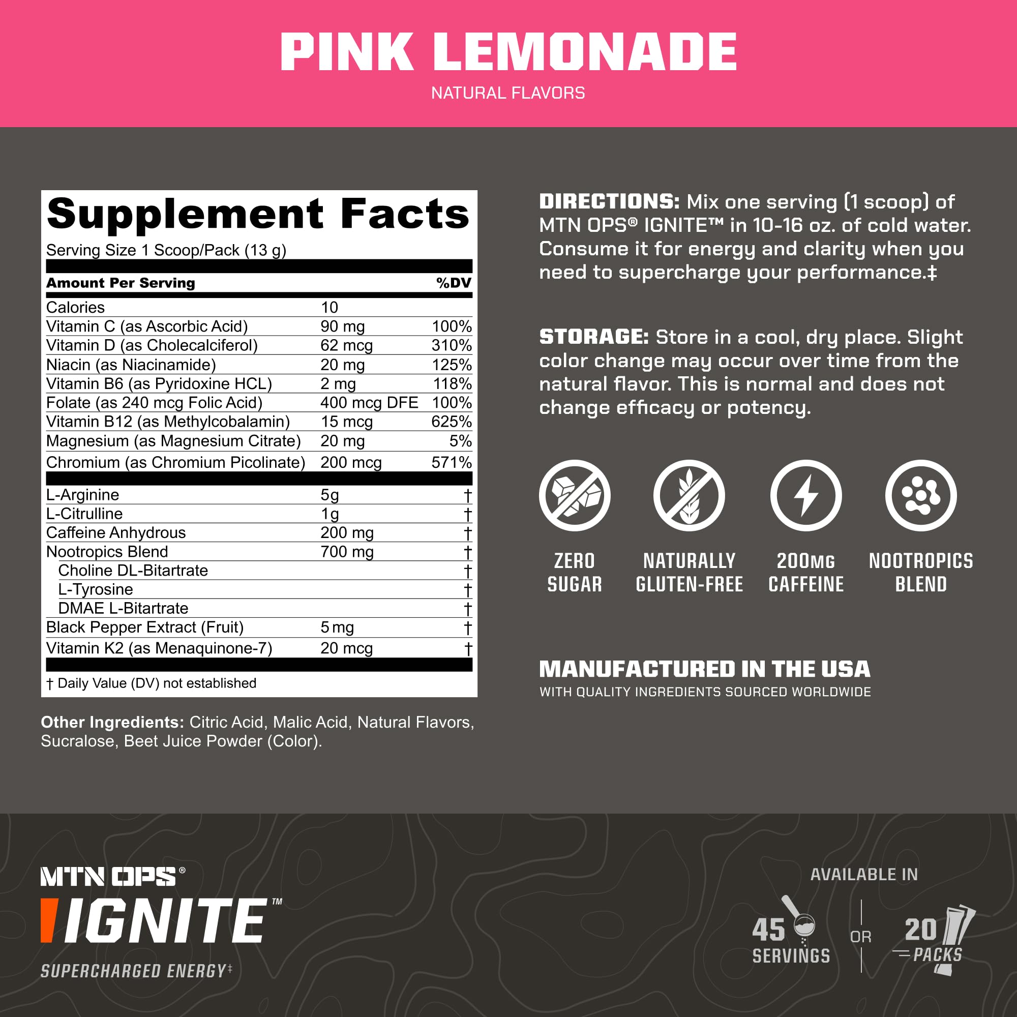 MTN OPS Ignite pink lemonade drink in a glass promoting sustained focus during activities
