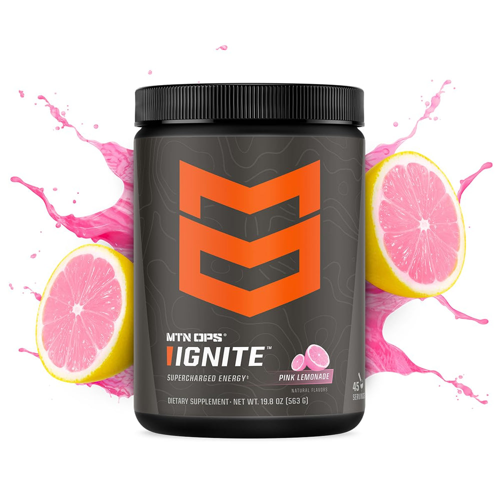 MTN OPS Ignite pink lemonade scoop dissolving in water for quick, on-the-go energy