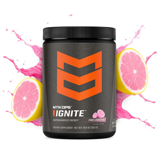 MTN OPS Ignite pink lemonade scoop dissolving in water for quick, on-the-go energy