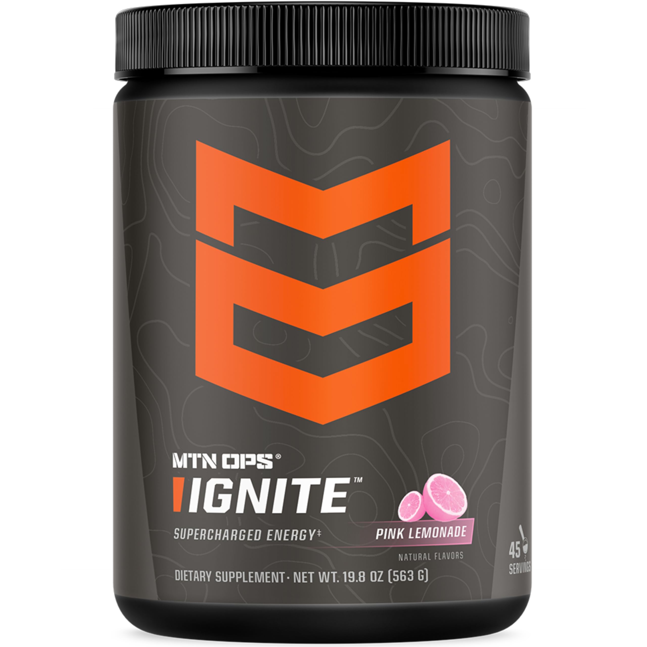 MTN OPS Ignite pink lemonade powder tub highlighting gluten-free formula for outdoor energy