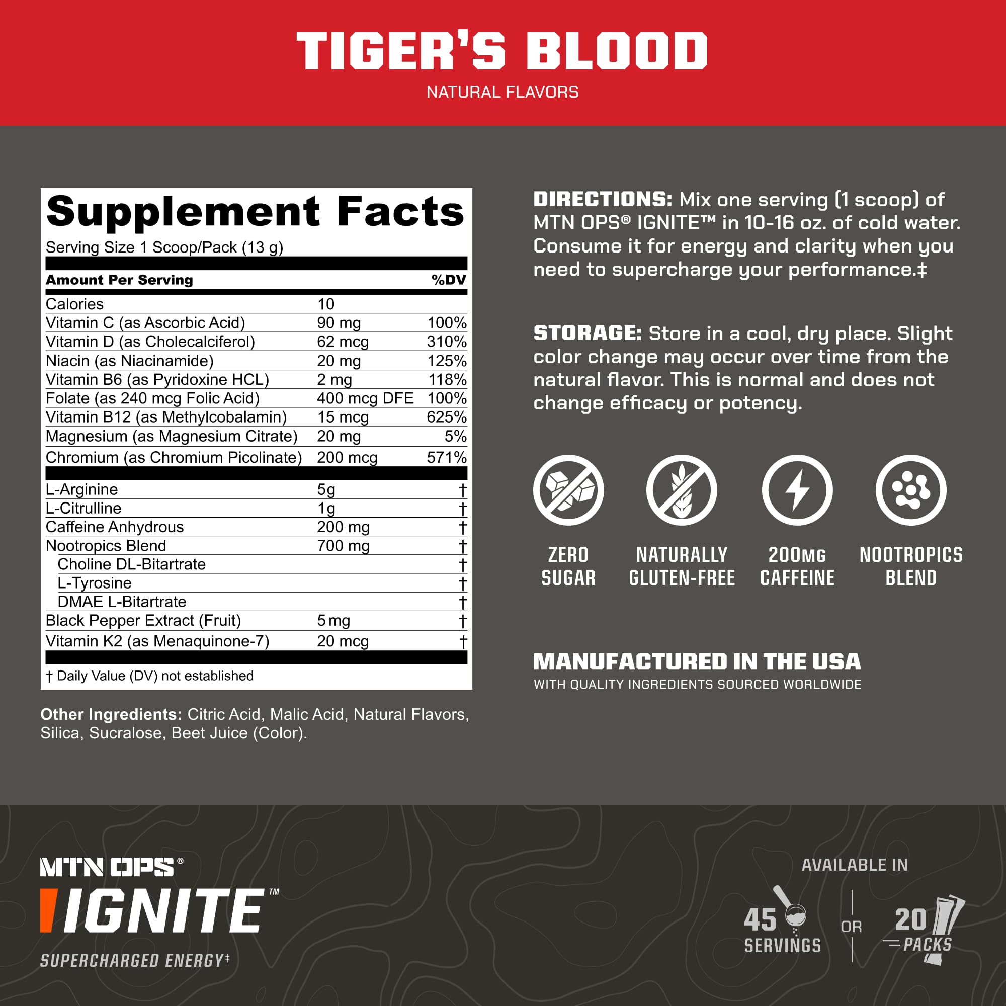 MTN OPS Ignite Trail Packs gluten-free label visible for dietary suitability