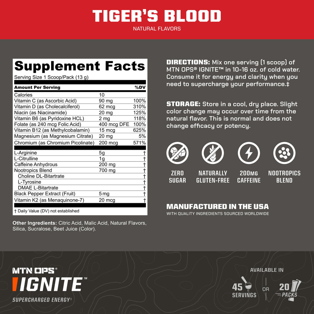 MTN OPS Ignite Trail Packs gluten-free label visible for dietary suitability