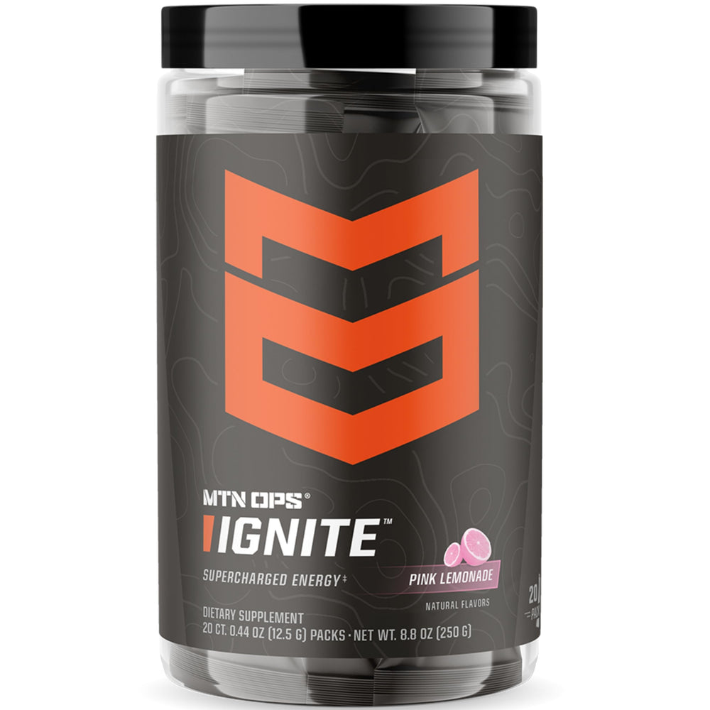 MTN OPS Ignite Trail Pack Pink Lemonade powder packaging ready for outdoor fueling.