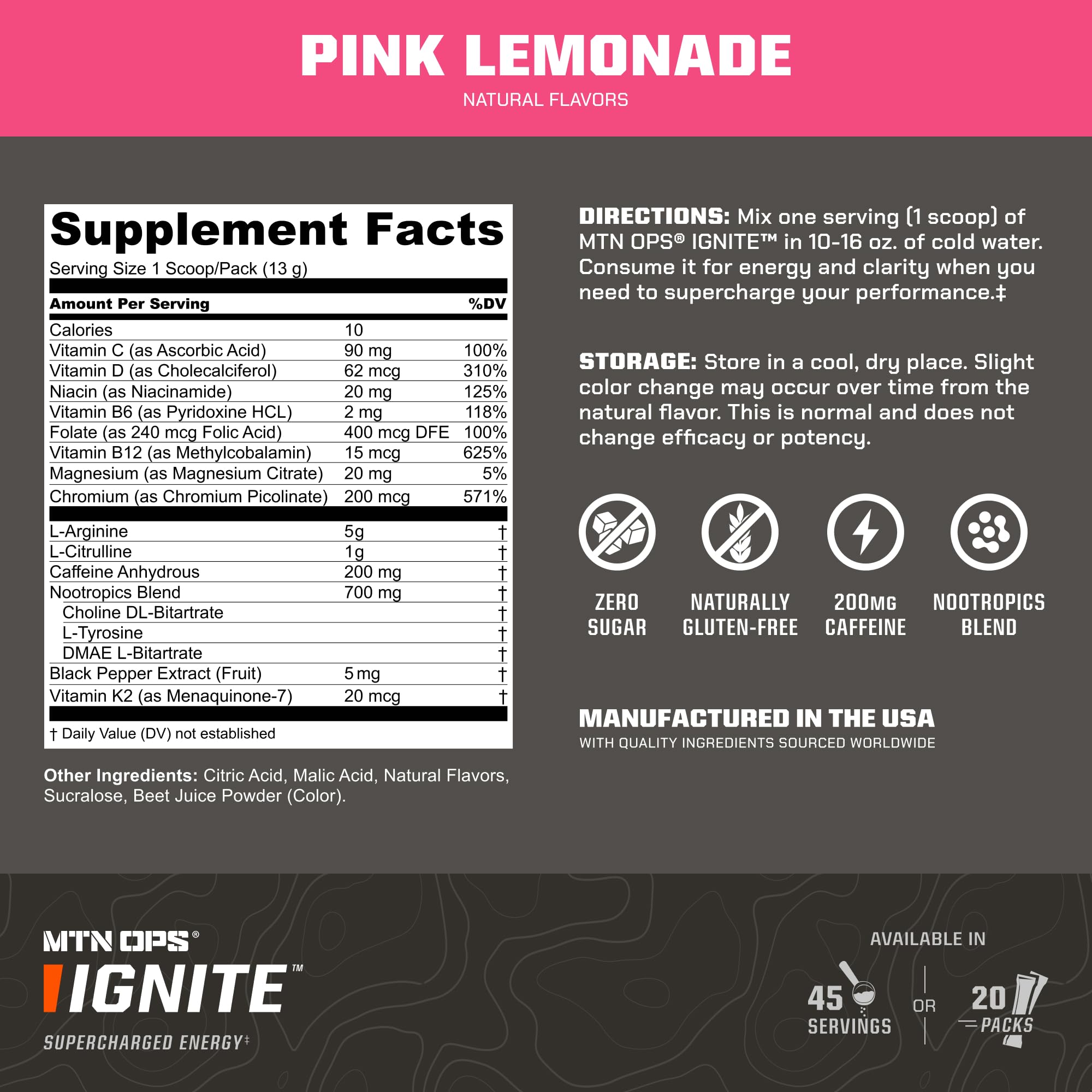 MTN OPS Ignite Pink Lemonade powder mixes quickly for smooth hydration support.