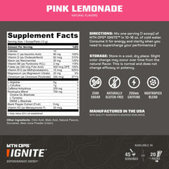 MTN OPS Ignite Pink Lemonade powder mixes quickly for smooth hydration support.