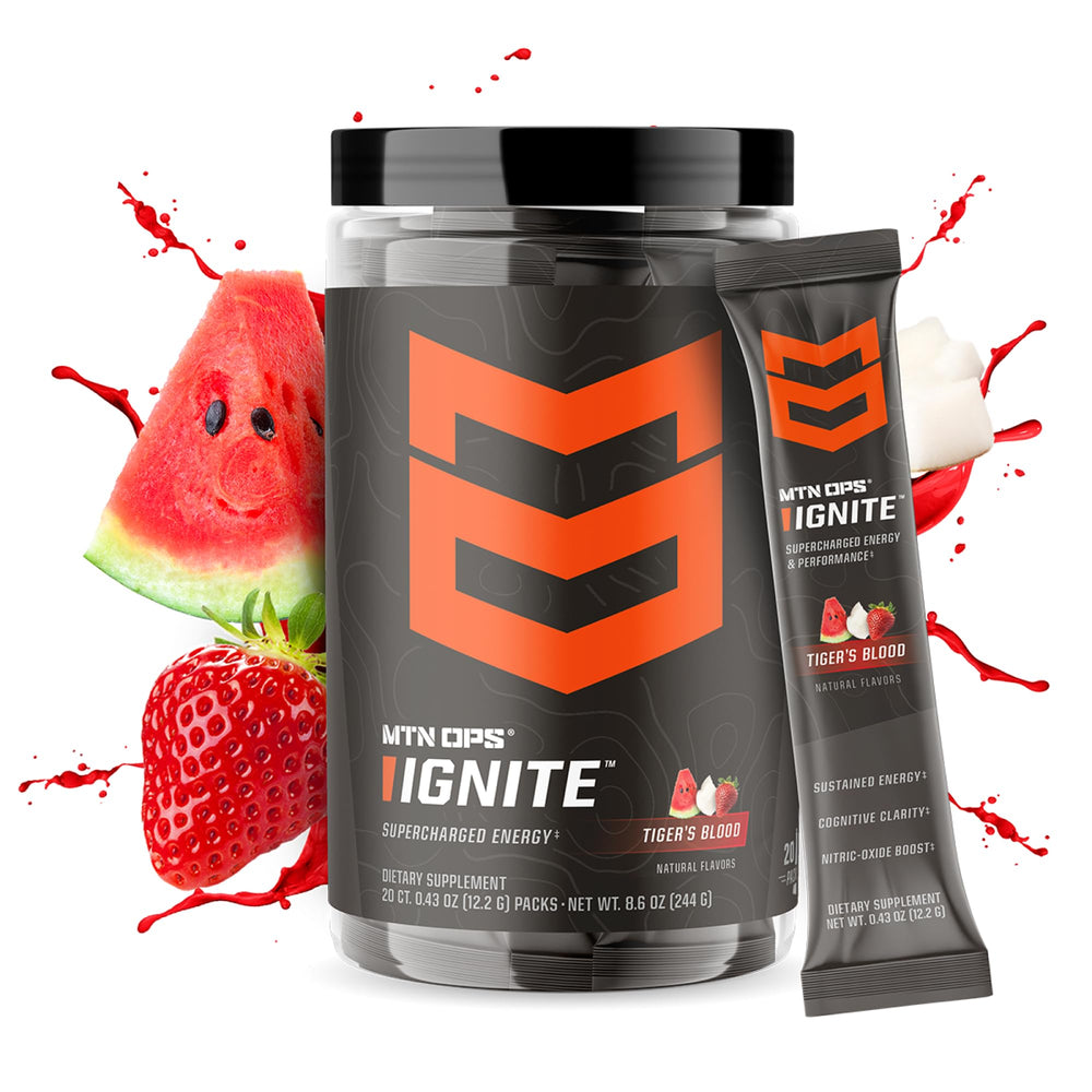 MTN OPS Ignite Trail Packs poured into a glass for quick energy lift
