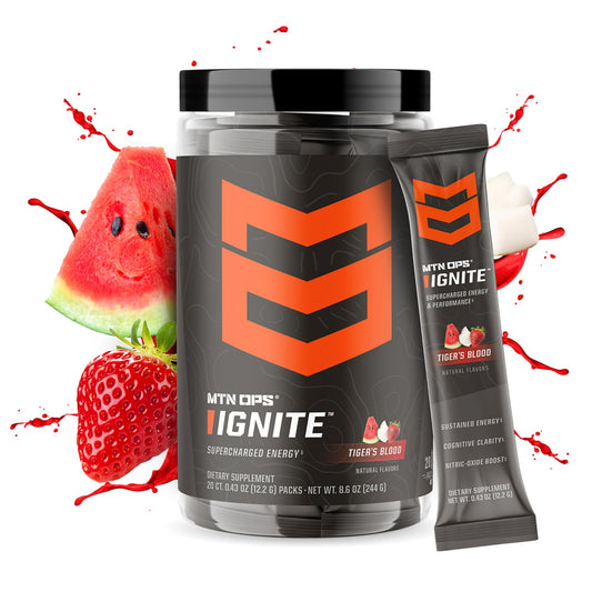 MTN OPS Ignite Trail Packs poured into a glass for quick energy lift