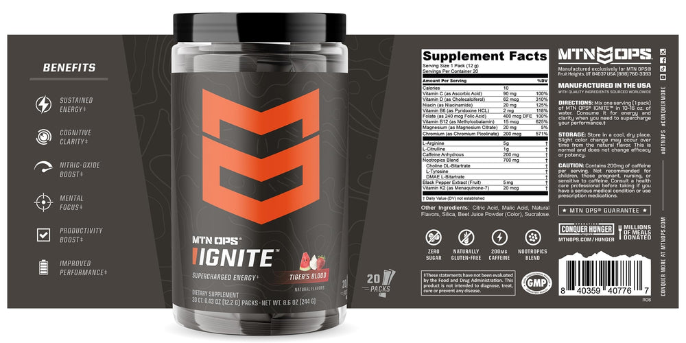 MTN OPS Ignite Trail Packs sugar-free formula close-up for guilt-free energy