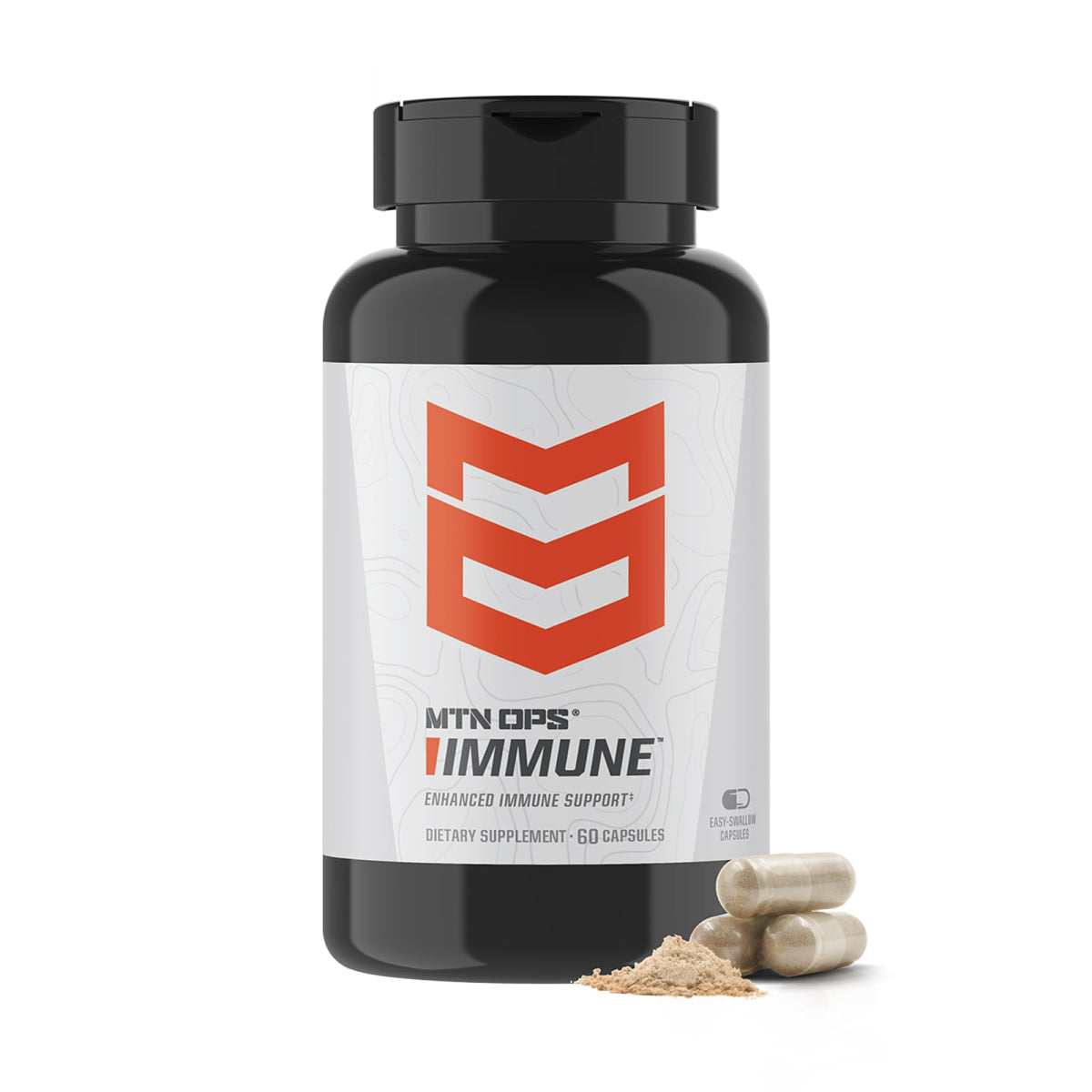 MTN OPS Immune capsules bottle shown, supports daily wellness with vitamin C and zinc.