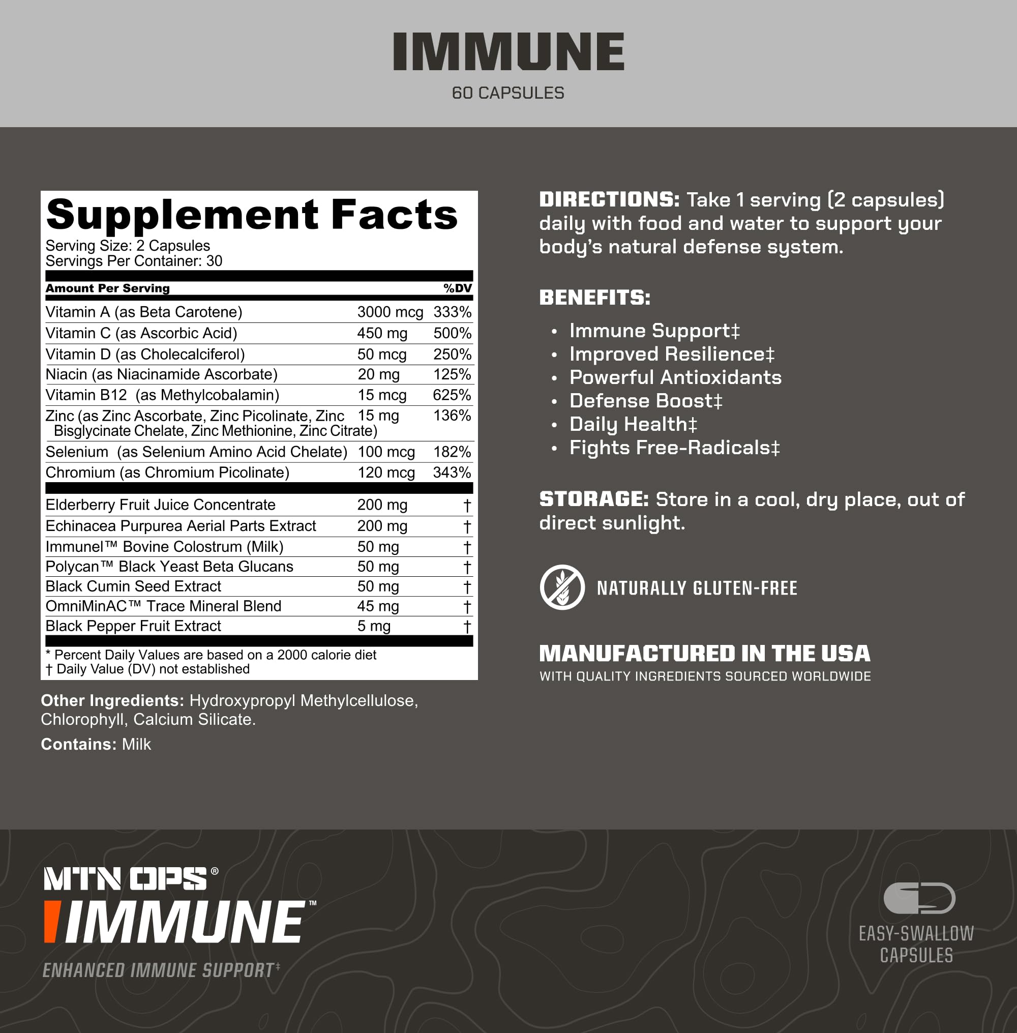 MTN OPS Immune capsules closeup highlights easy-to-swallow pills for convenient daily use.