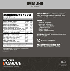 MTN OPS Immune capsules closeup highlights easy-to-swallow pills for convenient daily use.