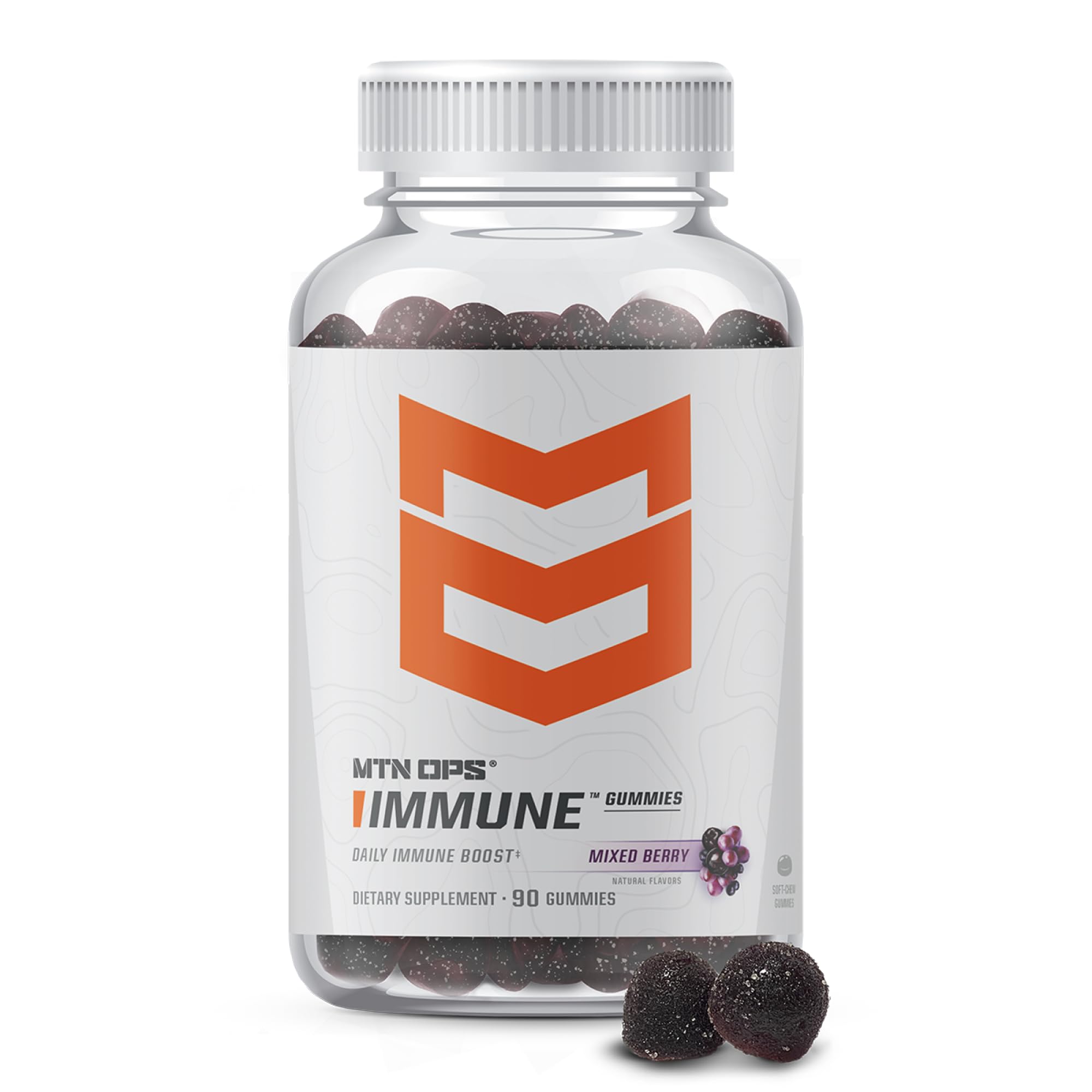 MTN OPS Immune Gummies bottle for convenient daily immune support in mixed berry flavor.