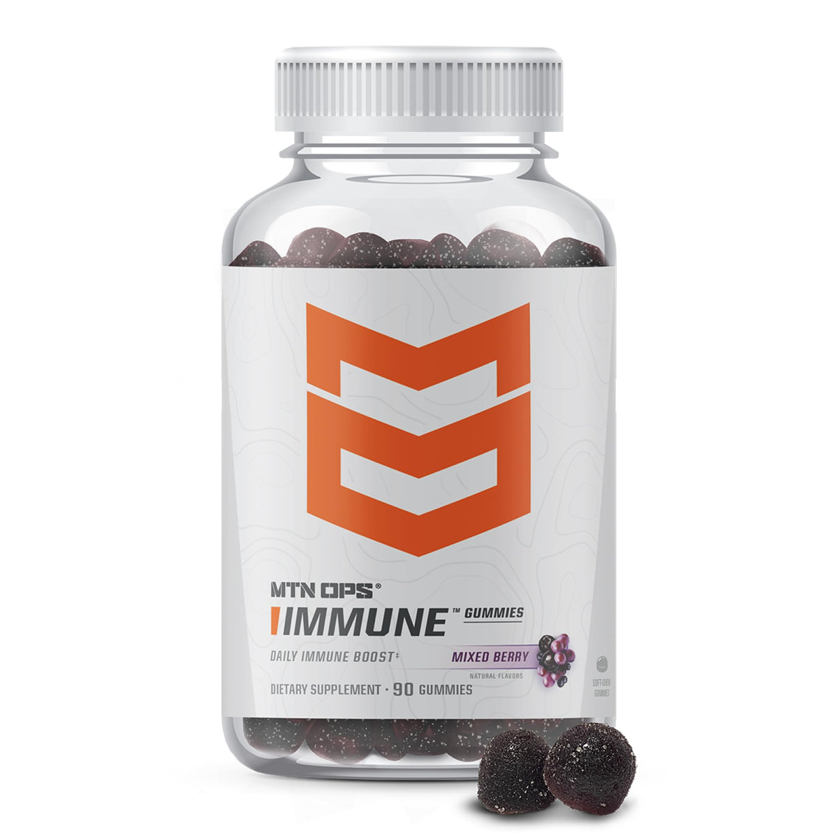 MTN OPS Immune Gummies bottle for convenient daily immune support in mixed berry flavor.